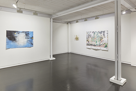 Ausstellungsansicht, Mittelgeschoss im Trudelhaus Baden 
Esther Ernst, Anlandungen Robben Island und Orientierungsläufe Olevano